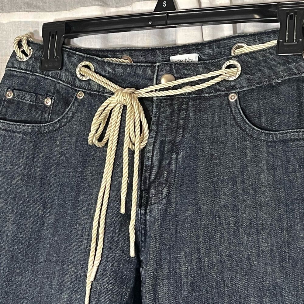 Cache' denim jeans size 4 cropped rope belt w/belt rhinestone circle belt‎ holes